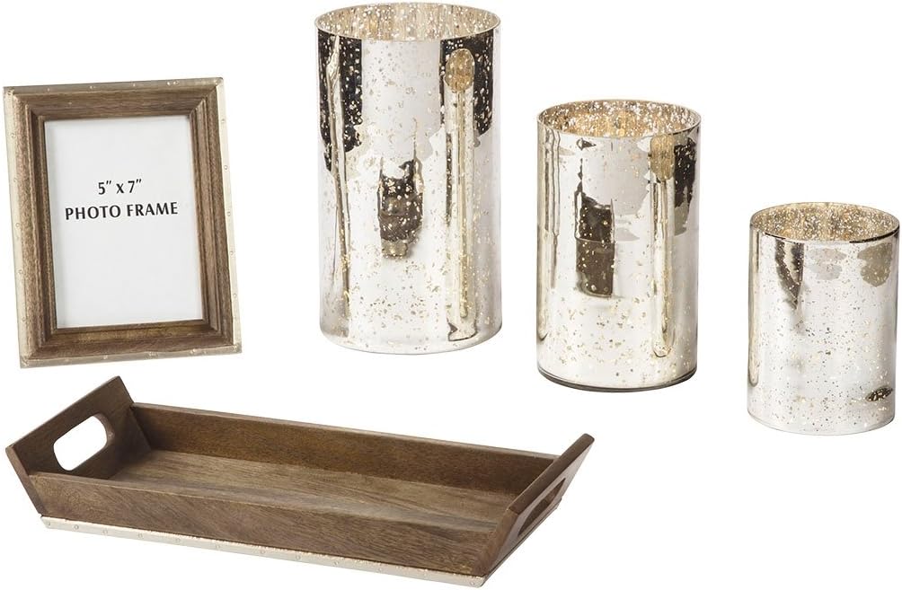 5 Piece Home Décor Set with Box, Candle Holders & Photo Frames, Silver Finish P41983