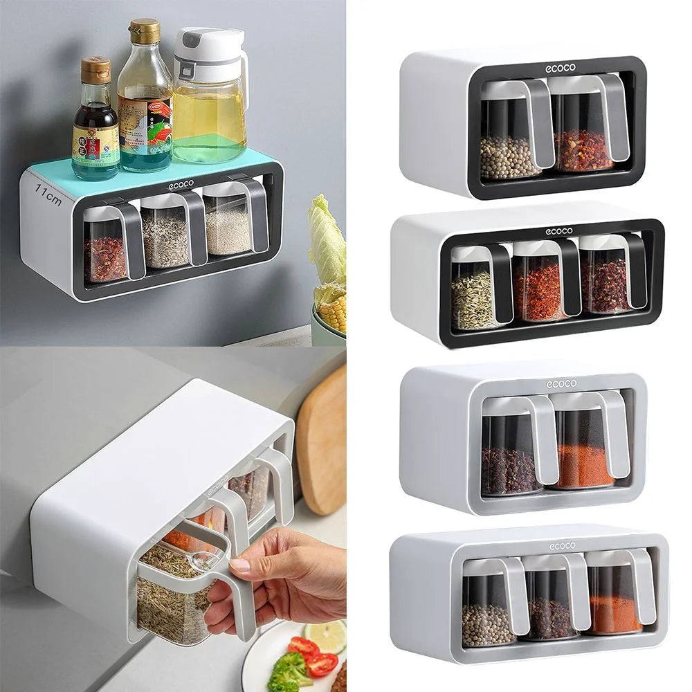 Black Two Cups Wall Mount Spice Container Storage Box W6366