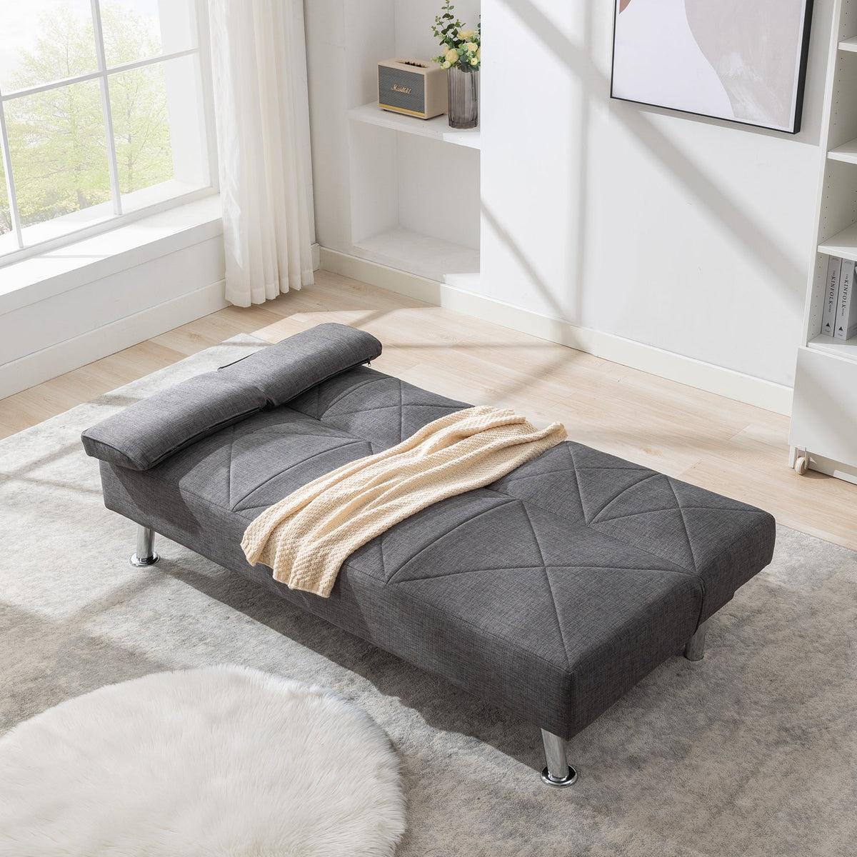 Gray Linen Convertible Folding Futon Sofa Bed with Removable Armrests I19365