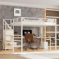 Queen Size White Wood Grain Metal Loft Bed with Desk and Wardrobe L40256
