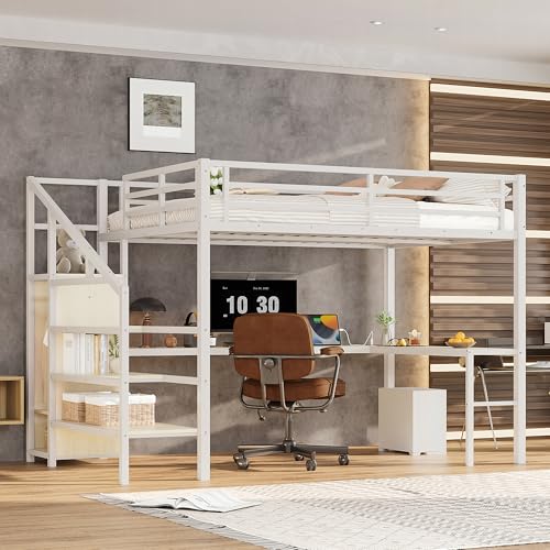 Queen Size White Wood Grain Metal Loft Bed with Desk and Wardrobe L40256