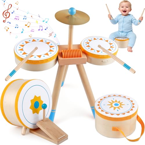 Wooden Kids Drum Kit with Cymbal, Pedal Bass Drum & 2 Drumsticks I3102