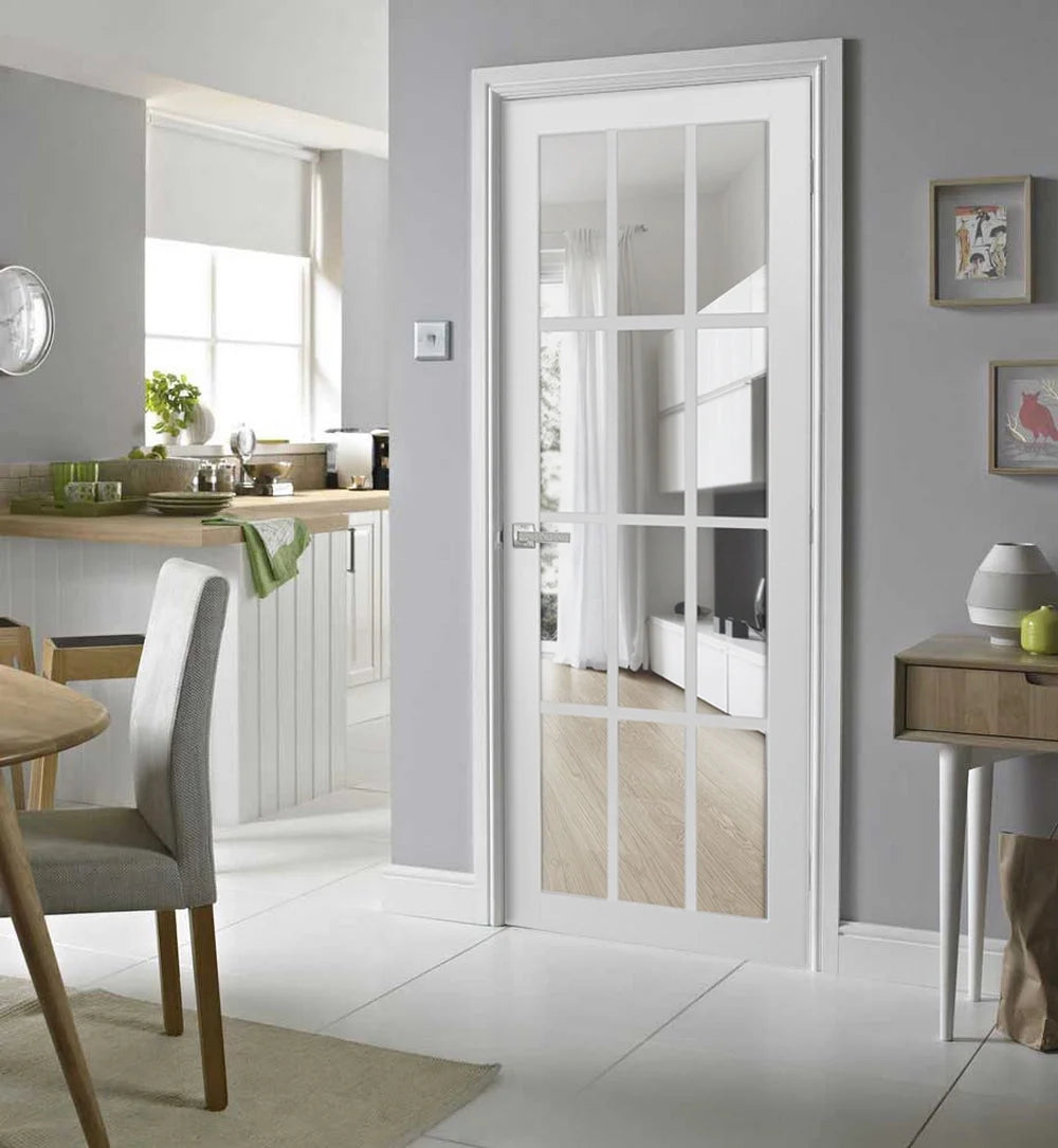 Solid French Door Clear Glass 12 lites White Silk Single Regular Panel Frame Trims Handle E5694