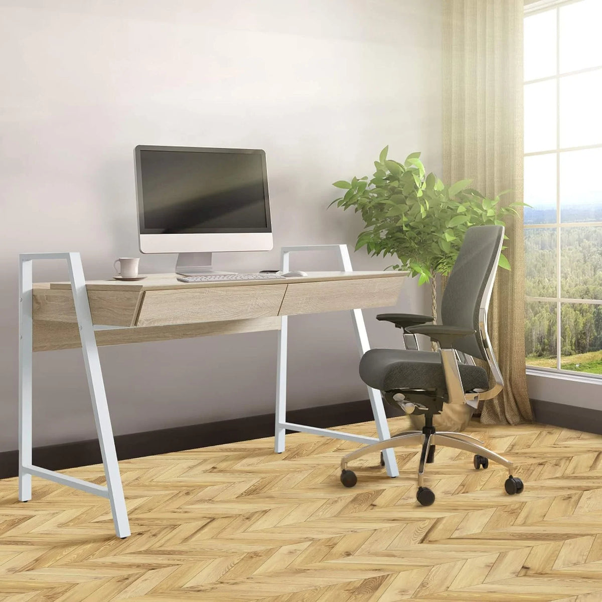 White Wood Computer Desk with Monitor Shelf and Drawers Y55489