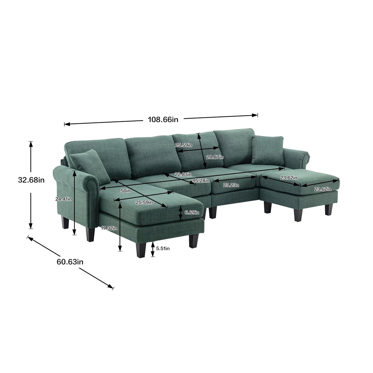 Green Sectional Sofa with Ottoman T3987