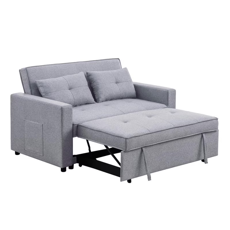 Light Gray Linen Fabric 3-in-1 Convertible Sleeper Loveseat H513959