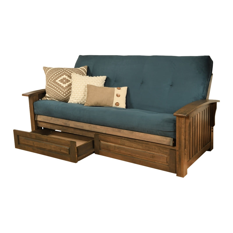 Walnut Futon with Drawers and Suede Blue Mattress K671358