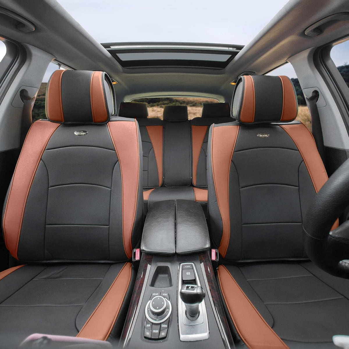 Faux Leather Full Set Car Seat Covers Blue/Black N3685
