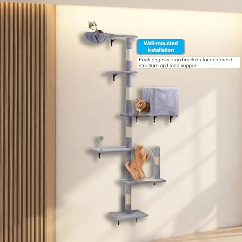 Wall Mounted Cat Climber Set with Scratching Post, Platforms, Dangling Balls, Condo P768673