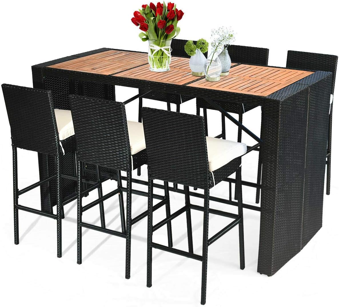 7 PCS Outdoor Dining Set with Acacia Wood Bar Table Top and Removable Cushion X60537