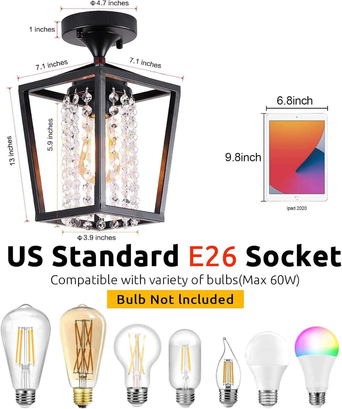 Semi Flush Mount Crystal Ceiling Light Black Metal Cage Z397762