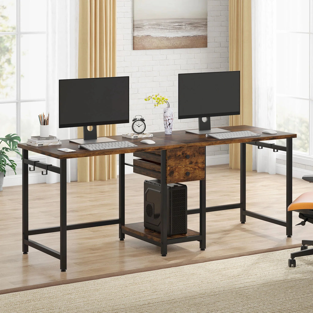 78 Inch Double Working Desk with 2 Drawers and Shelf J428109