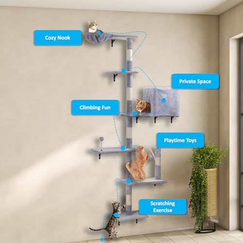 Wall Mounted Cat Climber Set with Scratching Post, Platforms, Dangling Balls, Condo P768673