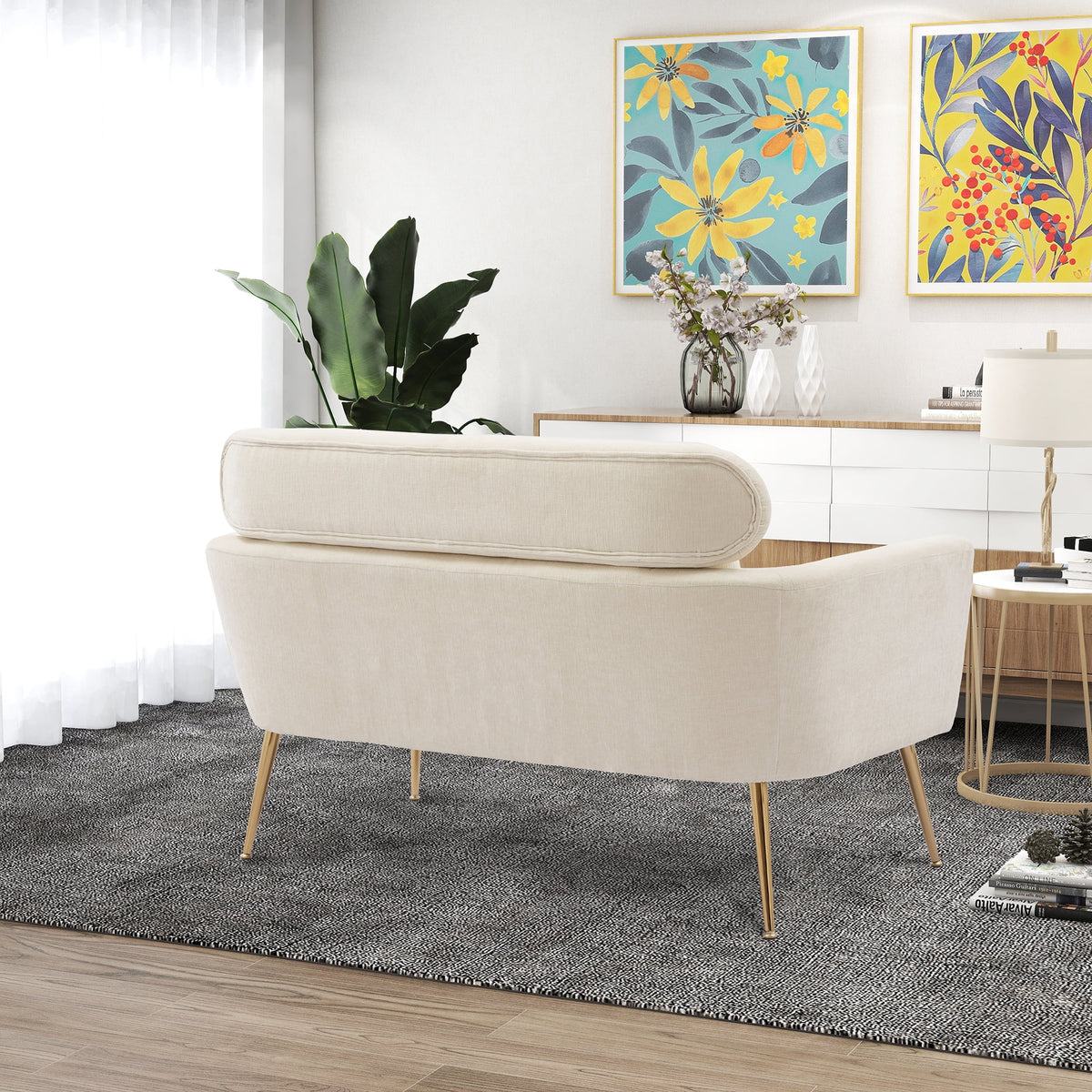 Mid Century Modern Chenille Two-Seater Sofa with 2 Throw Pillows S760350
