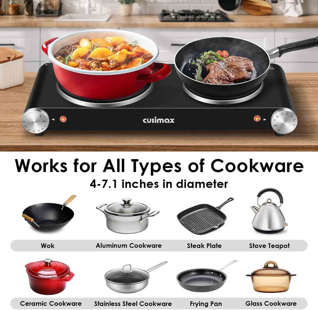 1800W Portable Electric Double Burner Cast Iron Cooktop with 7 Power Levels A816046