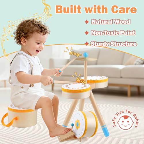 Wooden Kids Drum Kit with Cymbal, Pedal Bass Drum & 2 Drumsticks I3102