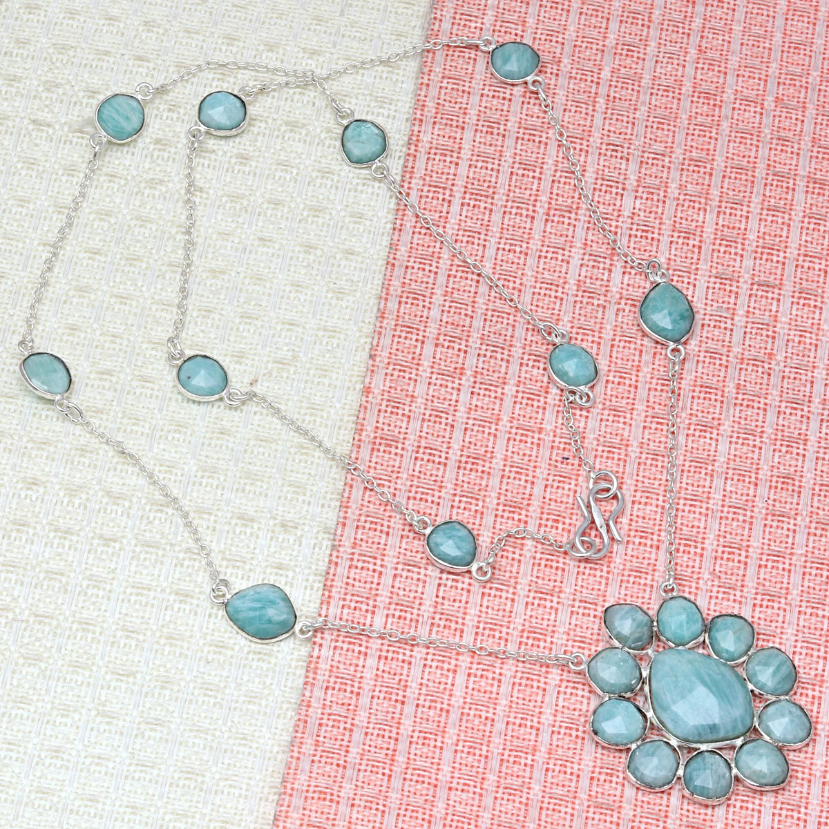 Antique 925 Silver Amazonite Gemstone Necklace 26'' Z5669