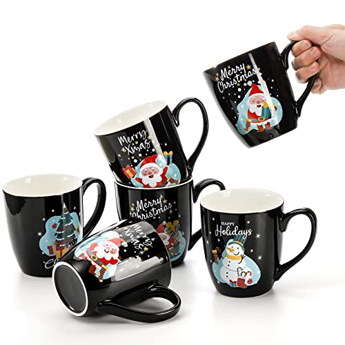 Set of 6 17 Oz Ceramic Black Christmas Coffee Mugs Z40639