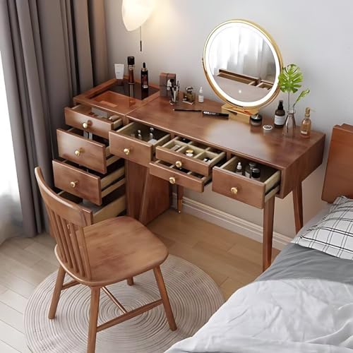 Walnut Color Solid Wood Makeup Vanity Desk with Mirror and LED Lights A973676