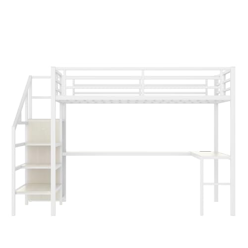 Queen Size White Wood Grain Metal Loft Bed with Desk and Wardrobe L40256