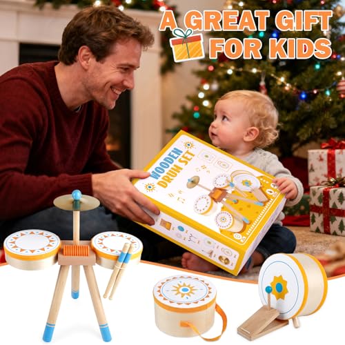 Wooden Kids Drum Kit with Cymbal, Pedal Bass Drum & 2 Drumsticks I3102