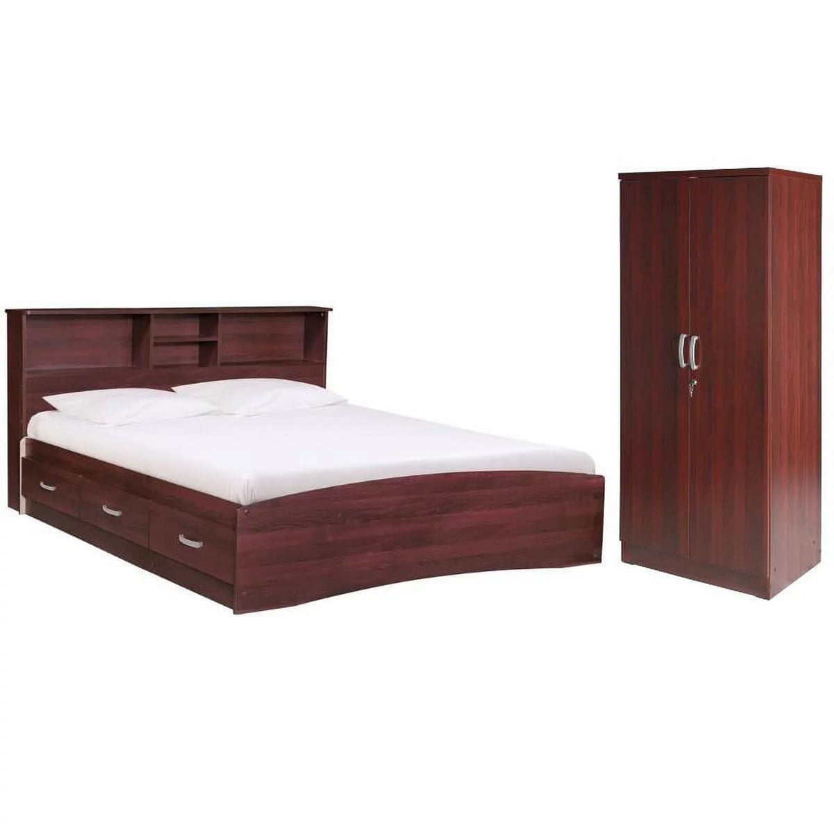 Queen Bed and Armoire Wardrobe Cabinet Set A681
