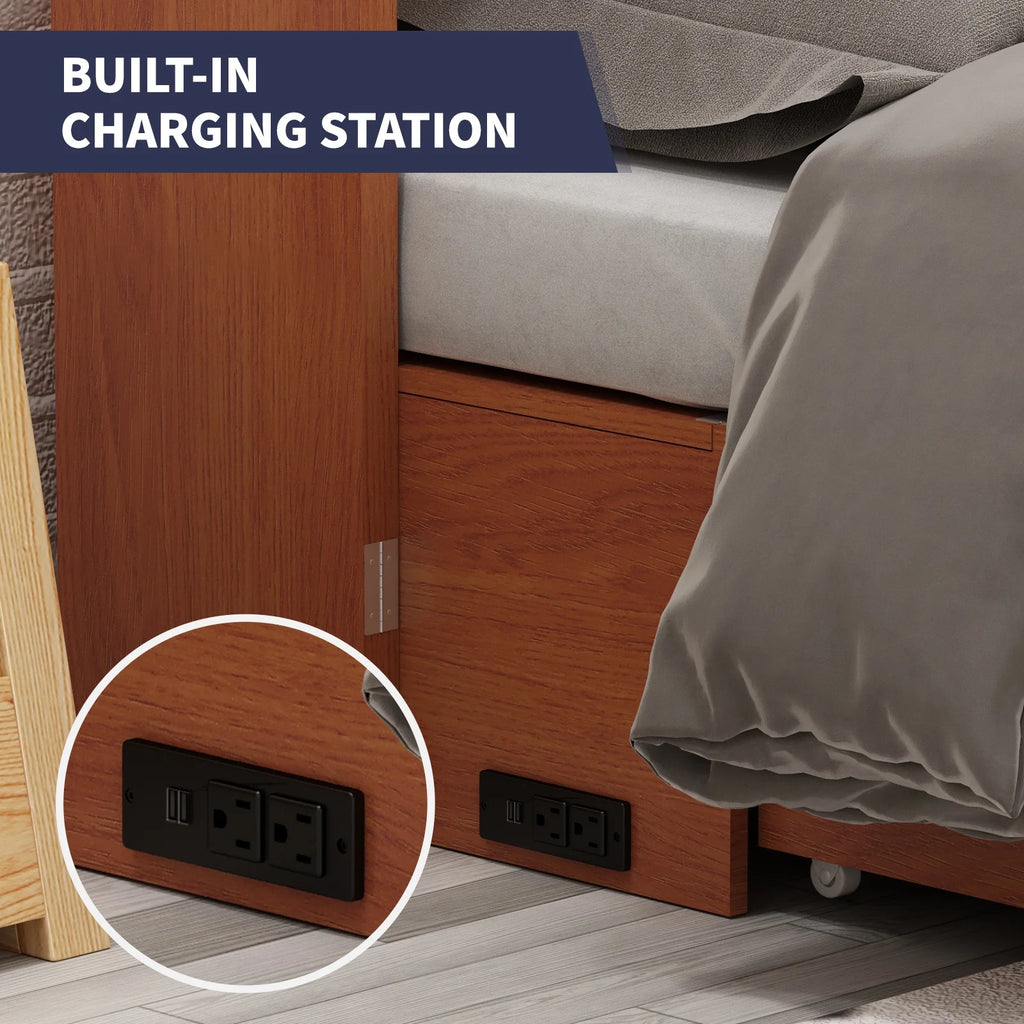 Queen Size Solid Wood Murphy Bed Cabinet with Storage Drawer and Charging Station A571