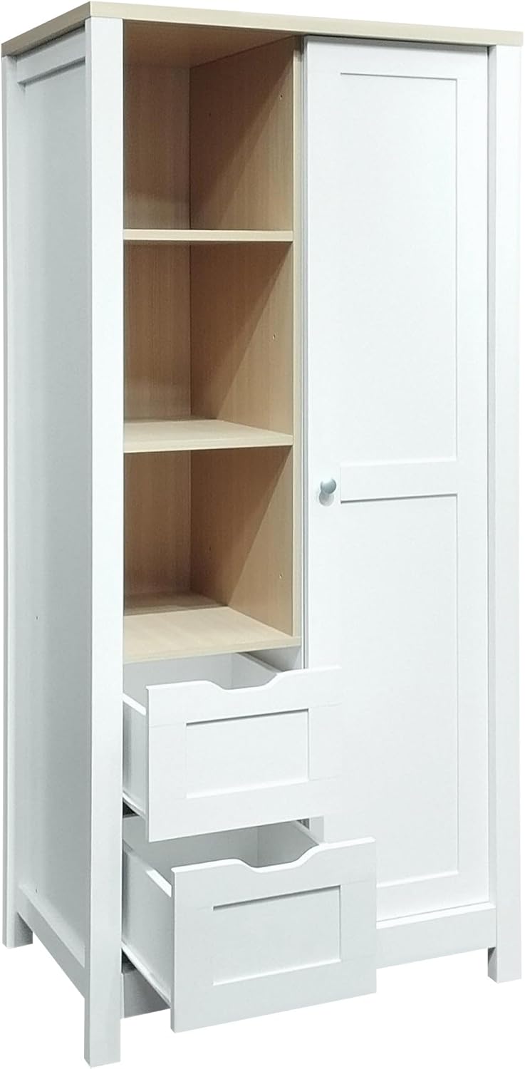 White Freestanding Wooden Armoire Wardrobe with 1 Sliding Door and 2 Drawers Y64544