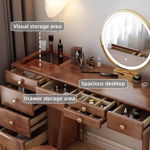 Walnut Color Solid Wood Makeup Vanity Desk with Mirror and LED Lights A973676