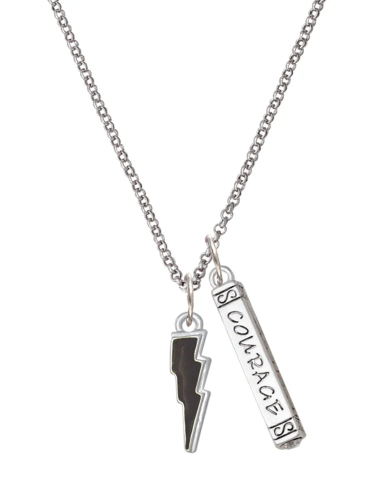 Silvertone Black Lightning Bolt Bar Charm Necklace, 23" E29274
