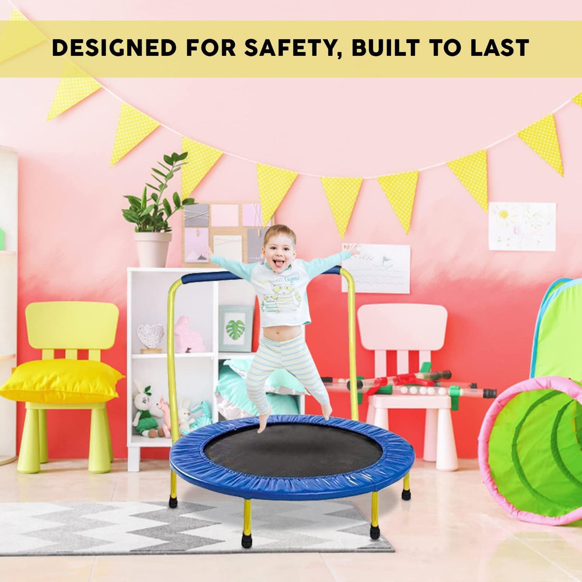Yellow Blue 36 Inch Round Kids Trampoline with Handle Bar, Pack of 2 X392