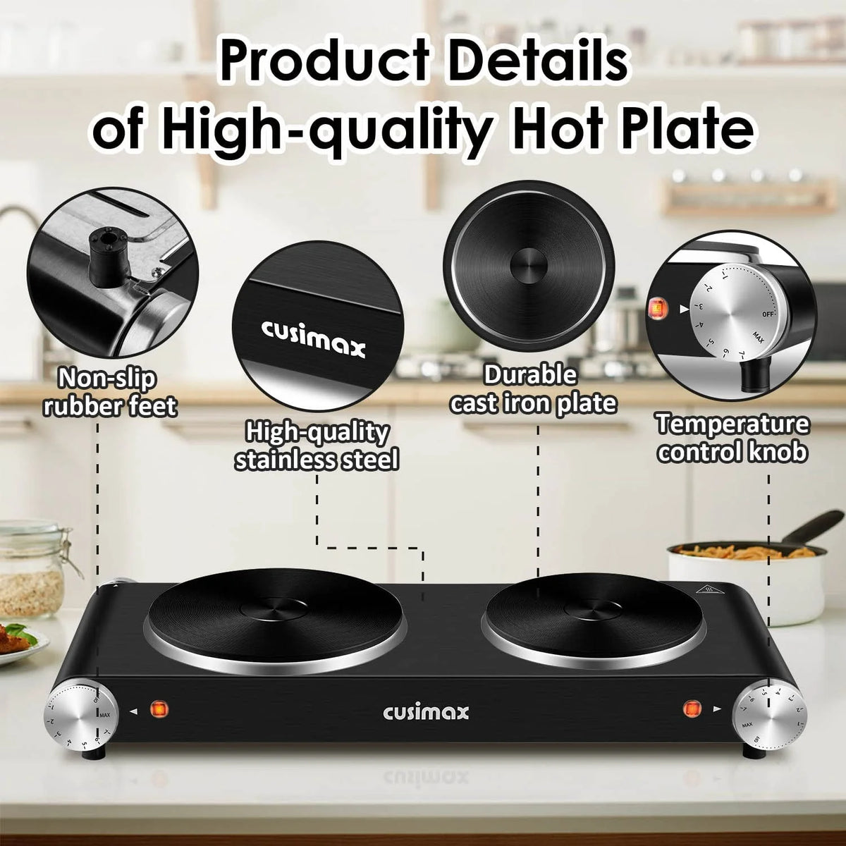 1800W Portable Electric Double Burner Cast Iron Cooktop with 7 Power Levels A816046