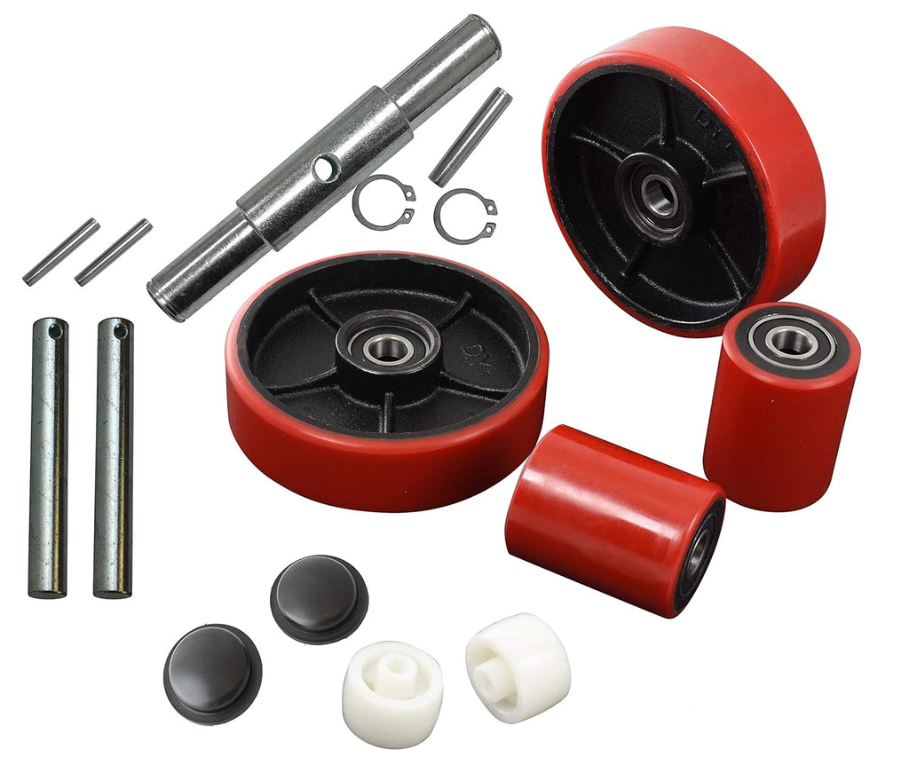 Pallet Jack Full Set Red with Axles, Steering Wheels, Front Load Roller, Entry Exit Roller and Protective Caps H8015