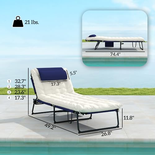 Folding Chaise Lounge with 4-Level Reclining Back, Cushion, Mesh Fabric, Side Pocket, Headrest, Gray F81423