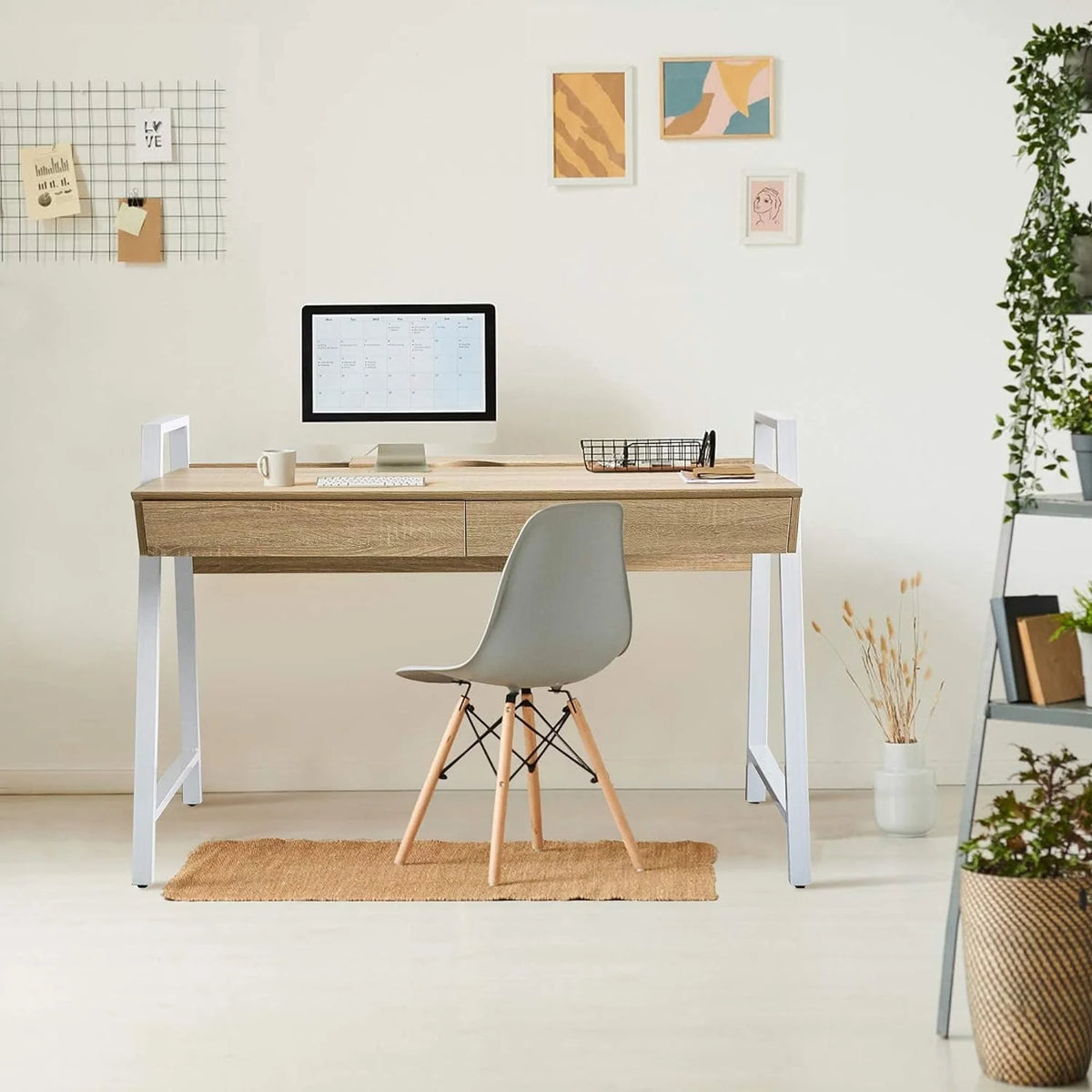 White Wood Computer Desk with Monitor Shelf and Drawers Y55489