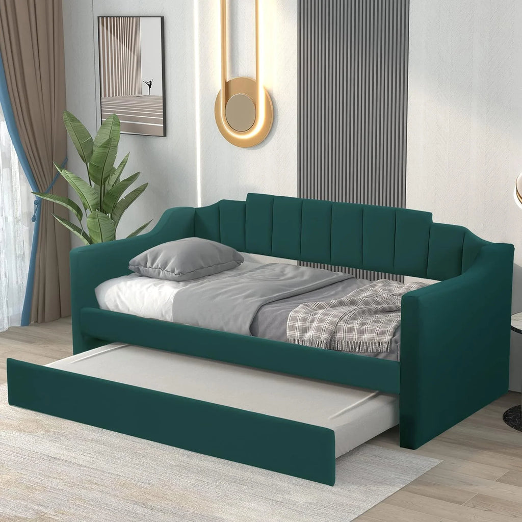 Upholstered Daybed with Trundle Sofa Bed Solid Wood Frame Y953948