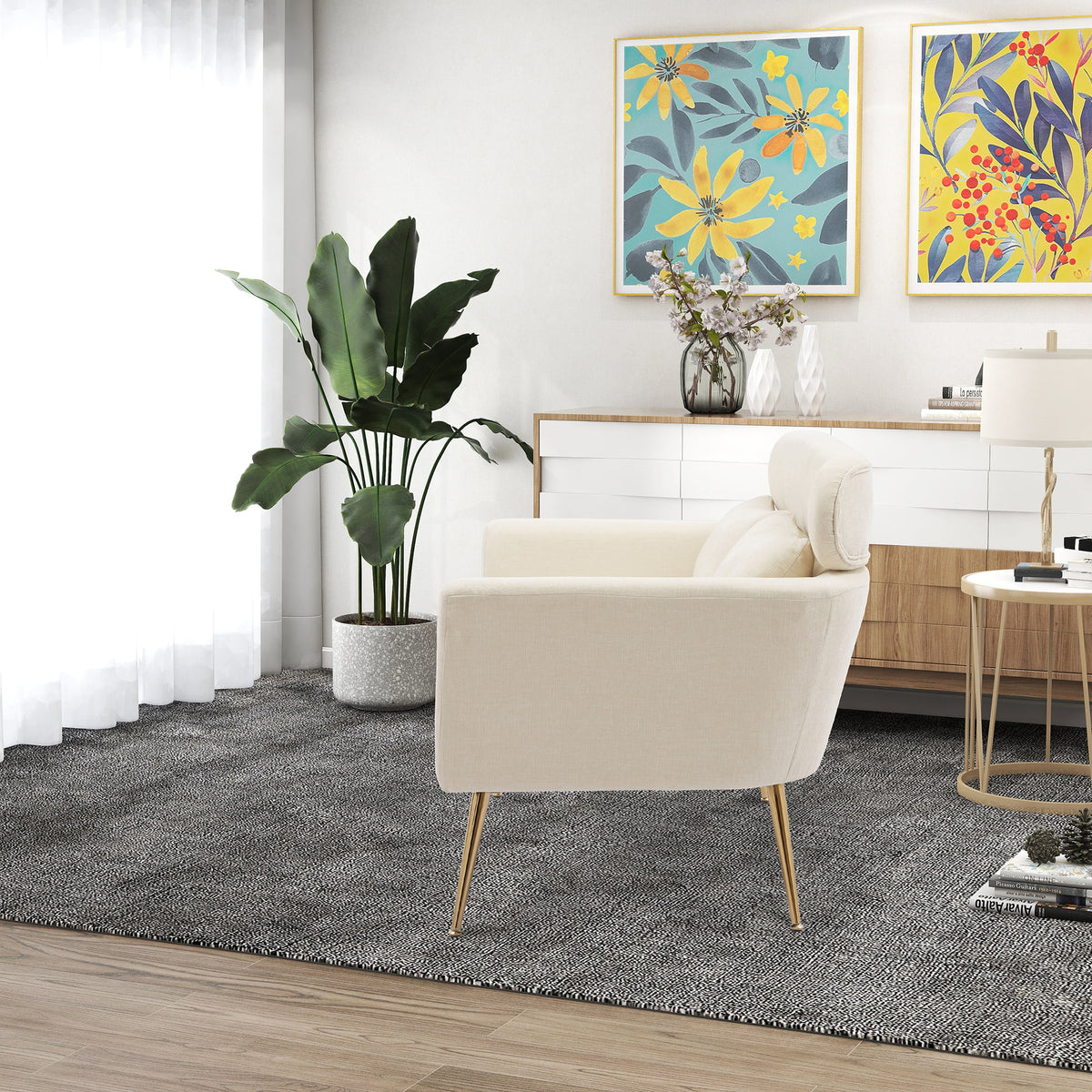 Mid Century Modern Chenille Two-Seater Sofa with 2 Throw Pillows S760350