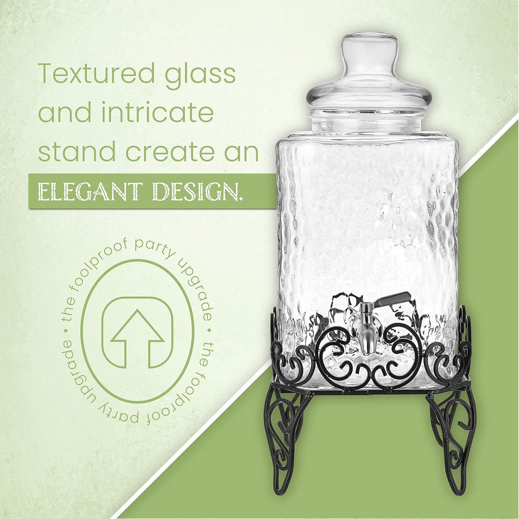 2.5 Gallon Glass Beverage Dispenser with Stainless Steel Spigot on Metal Stand and Drip Tray, Pack of 2 T767578