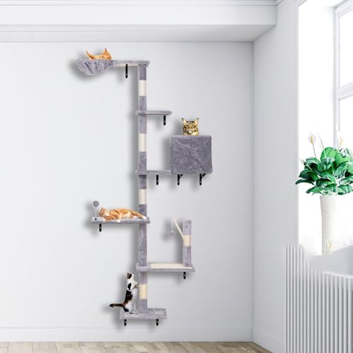 Wall Mounted Cat Climber Set with Scratching Post, Platforms, Dangling Balls, Condo P768673