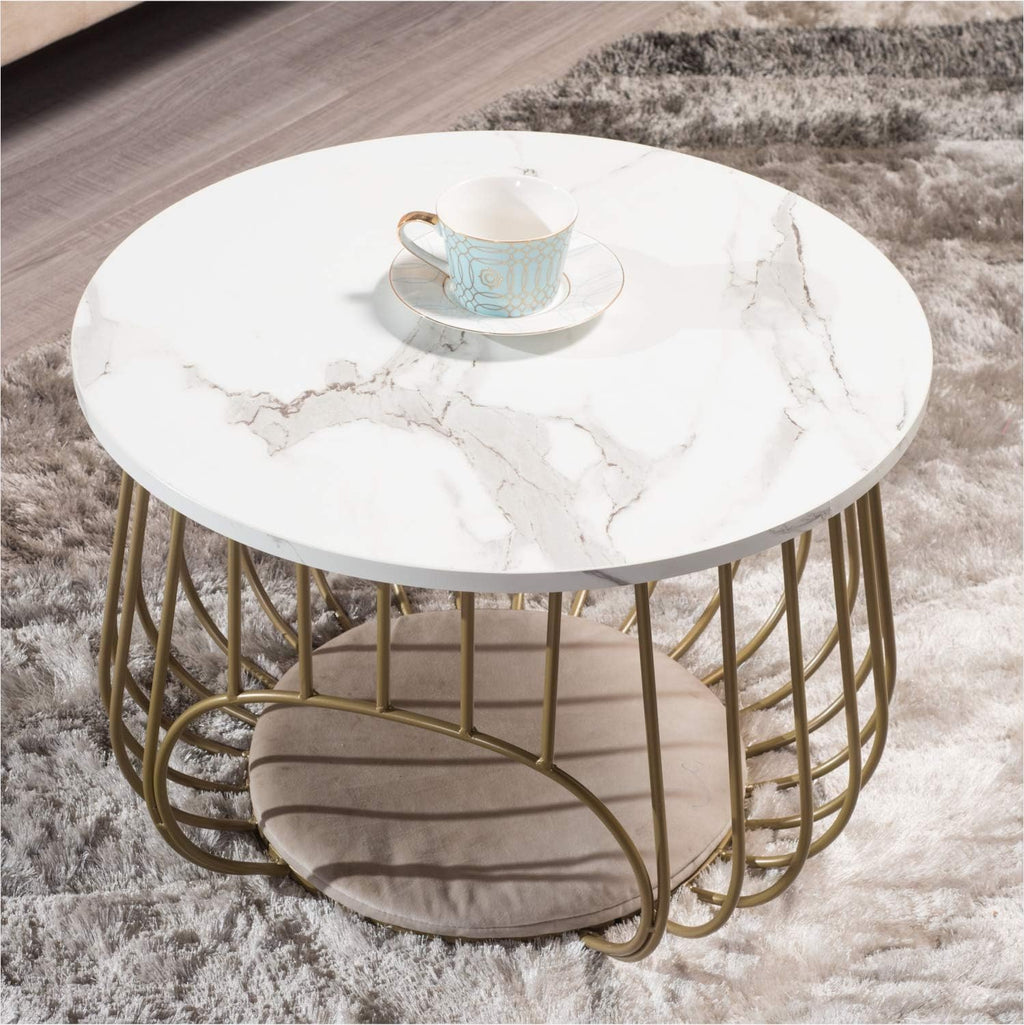 Gold Round Coffee Table Marble Texture White MDF Top S435