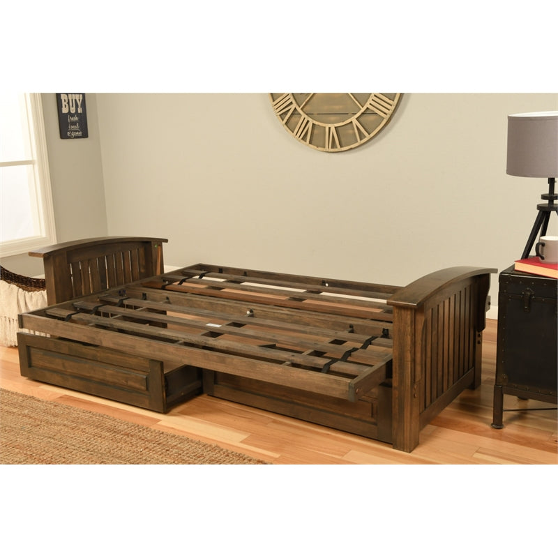 Walnut Futon with Drawers and Suede Blue Mattress K671358