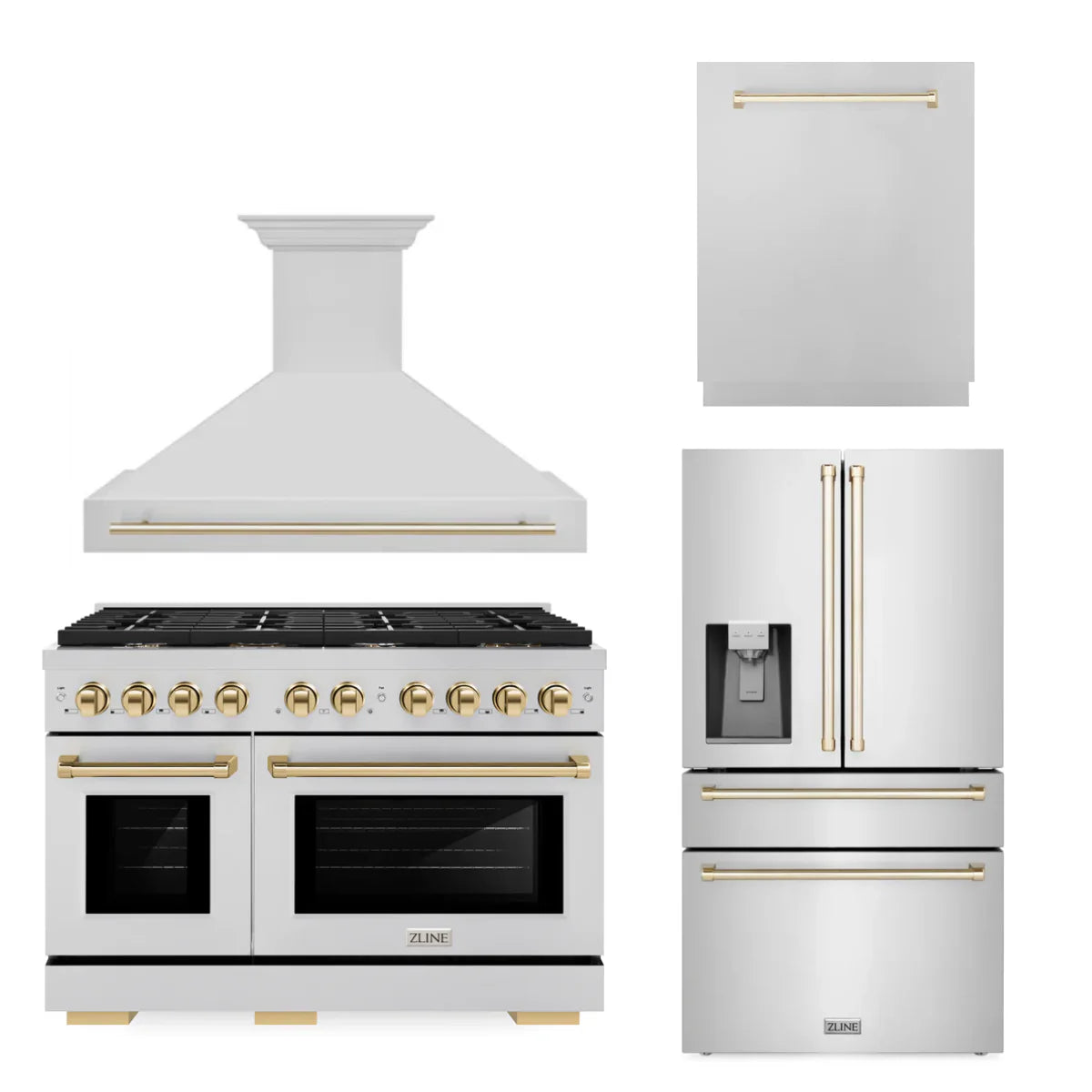 48 In. Gas Range, Range Hood, Refrigerator, and Dishwasher in Stainless Steel with Gold Accents M71353