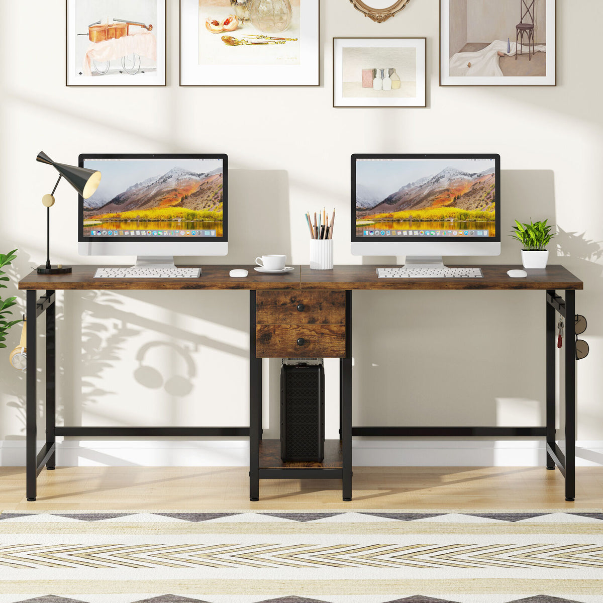78 Inch Double Working Desk with 2 Drawers and Shelf J428109