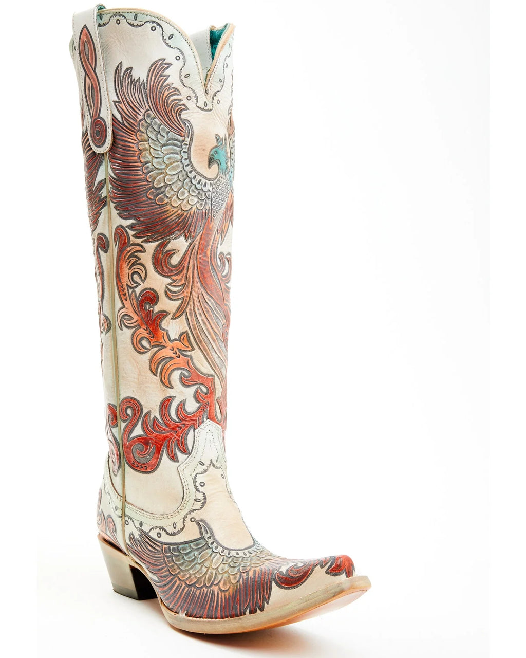 White Hand Tooled And Painted Tall Western Boot Snip Toe V4439