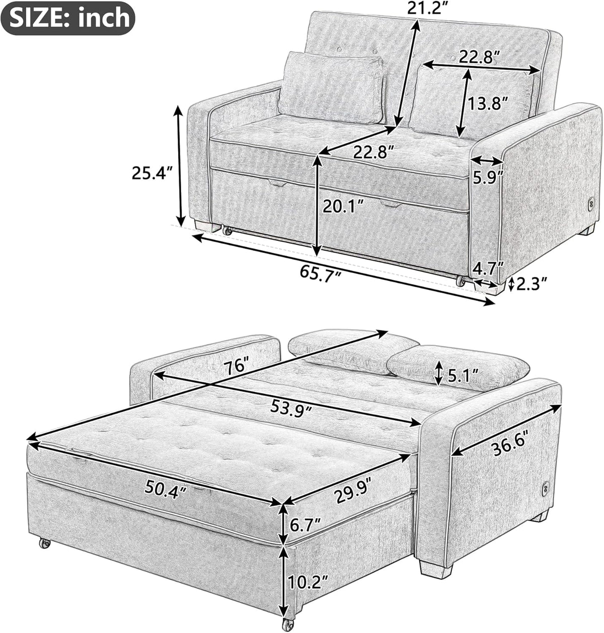 Linen Upholstered Convertible Sofa Bed with USB Charging Port K668