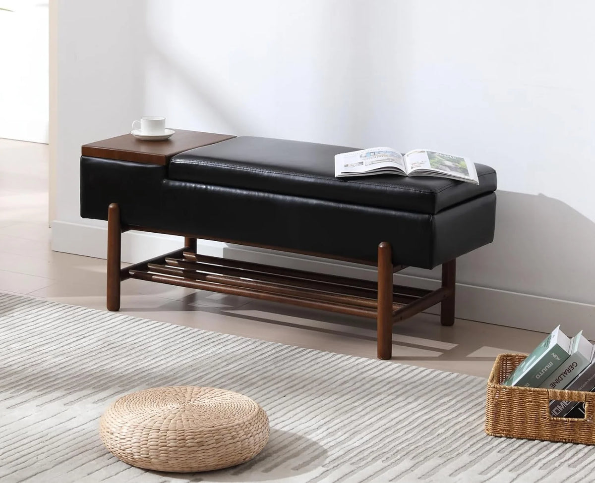Black Leather Storage Bench with Shoe Rack W609