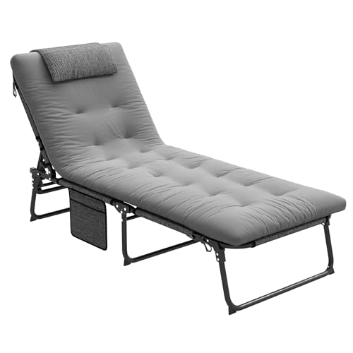 Folding Chaise Lounge with 4-Level Reclining Back, Cushion, Mesh Fabric, Side Pocket, Headrest, Gray F81423