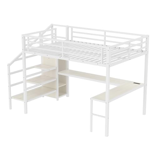 Queen Size White Wood Grain Metal Loft Bed with Desk and Wardrobe L40256