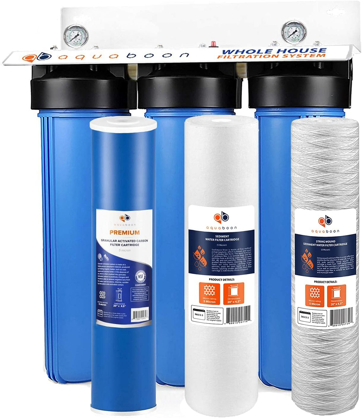 3-Stage 20 Whole House Filtration System with Housing Bracket Pressure Gauges GAC Filter Sediment String Wound Sediment Filter Cartridges E897731