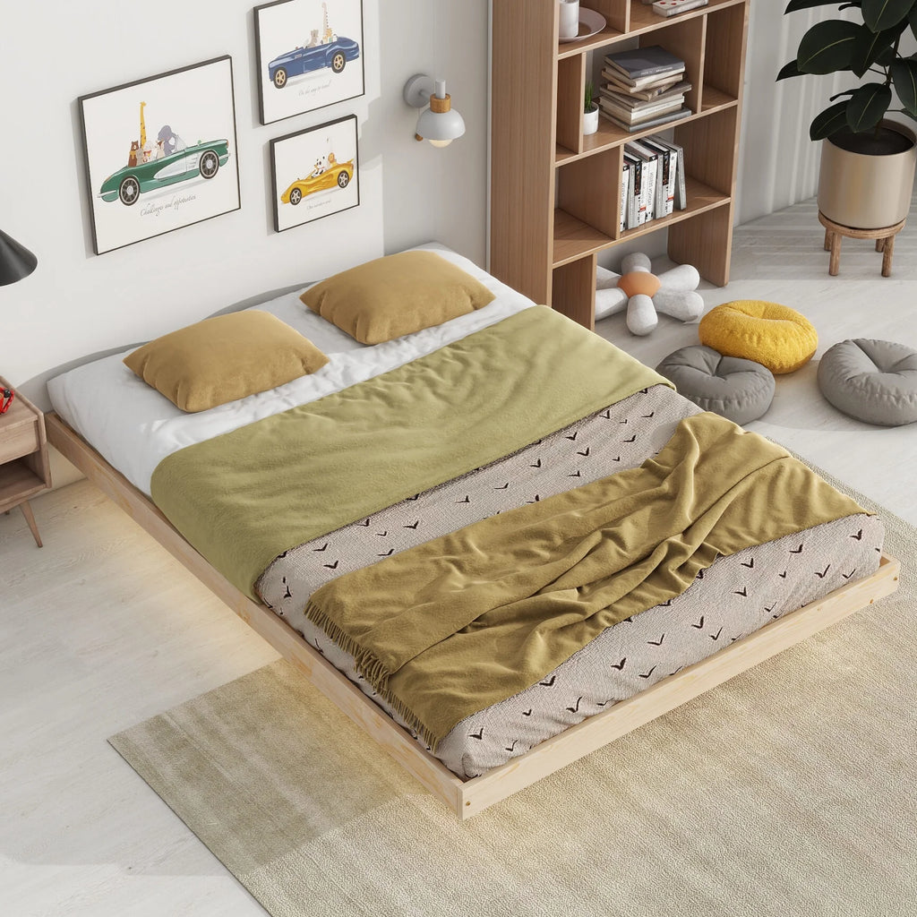 Full Size Grey Pinewood Floating Platform Bed with LED Lights T958573